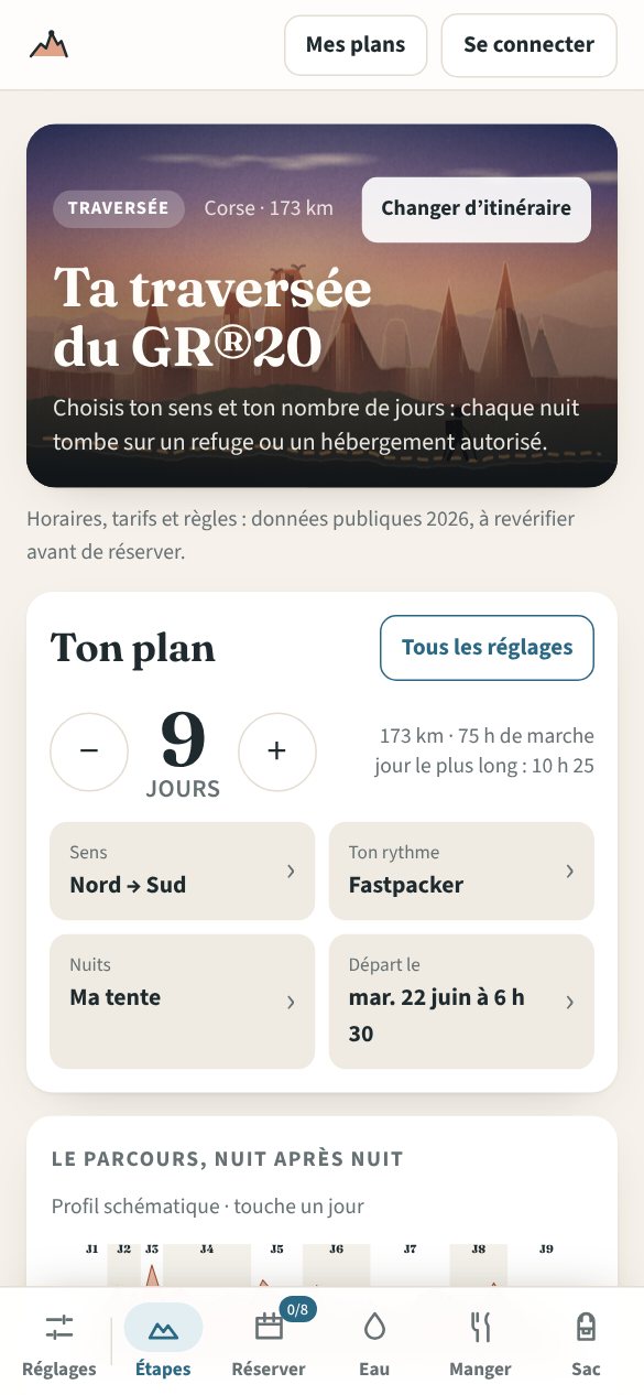 Le plan du GR®20 en 9 jours : en-tête illustré, nombre de jours et réglages